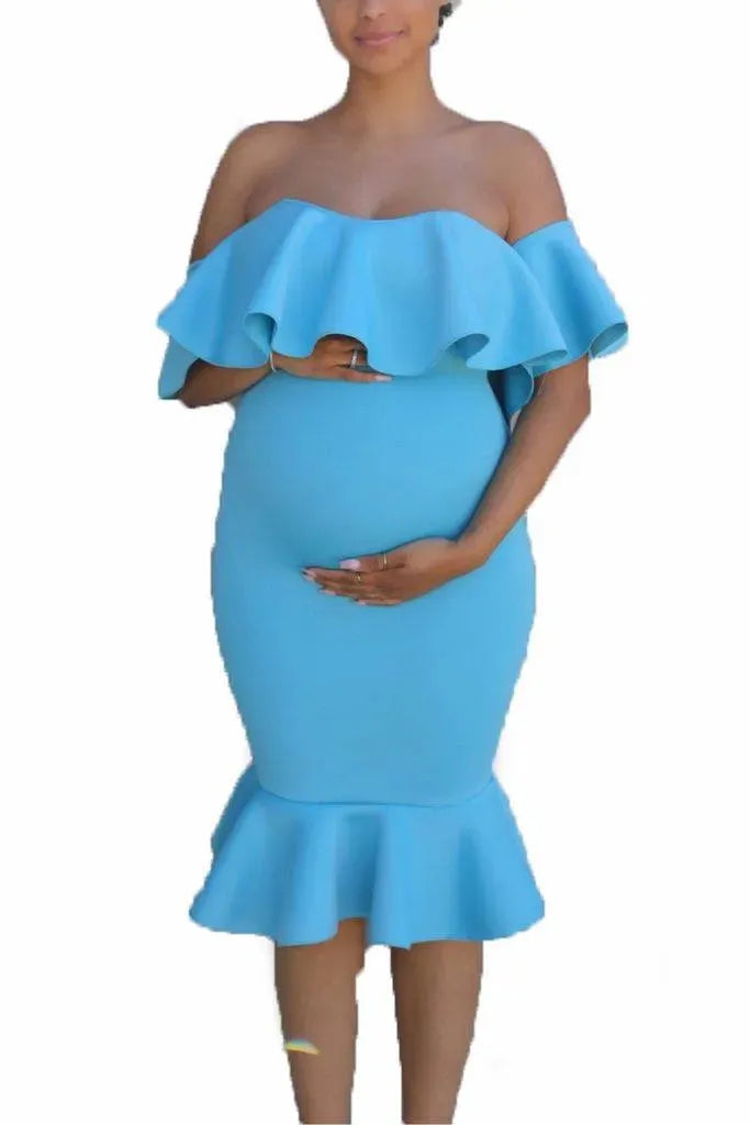 Levoire | Robe de maternité avec des volants élastiques pour femmes enceintes Bleu clair