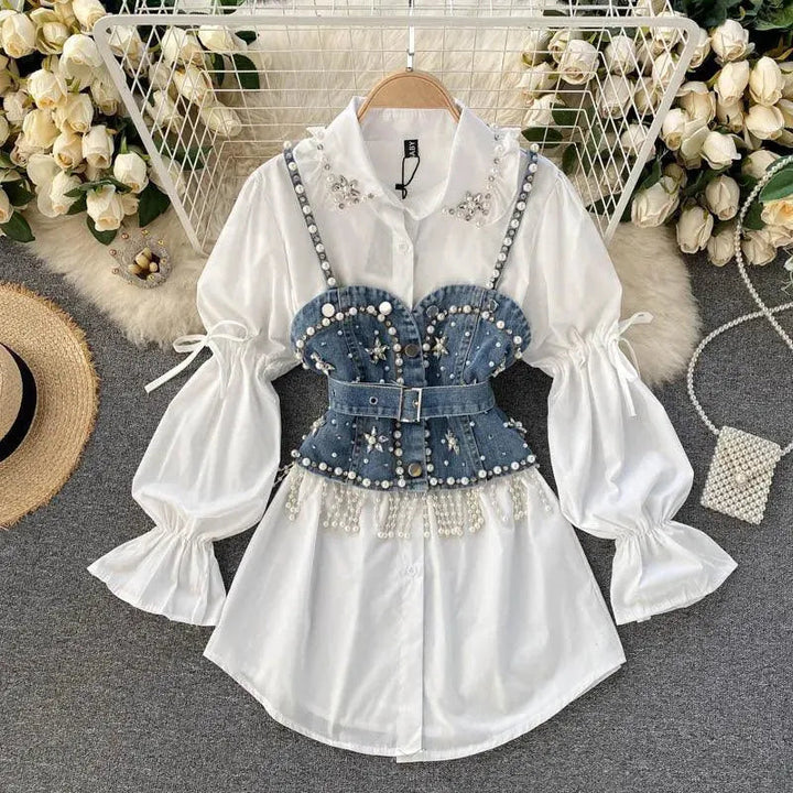 Levoire | T-shirt avec des manches bouffantes, ornée de strass, et un top à volants ainsi qu'un gilet avec des pendentifs en perles, ensemble à deux pièces Blanc Taille moyenne