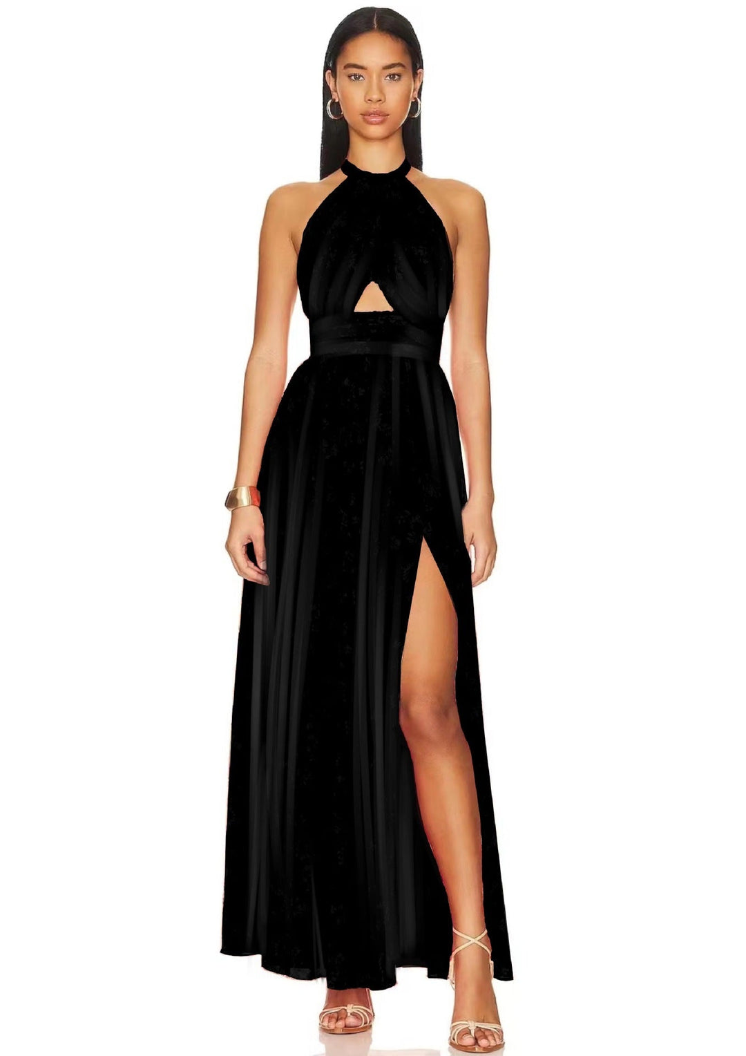 Levoire | Collier Croisé Dentelle Plissé Manches Maxi Robe Noir