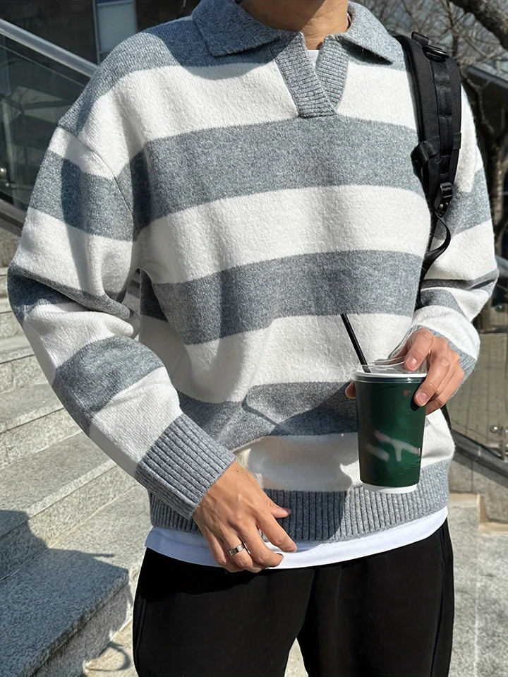 Levoire | Mies Pull-Over Avec Des Blocs De Couleur Et Des Rayures Gris Blanc