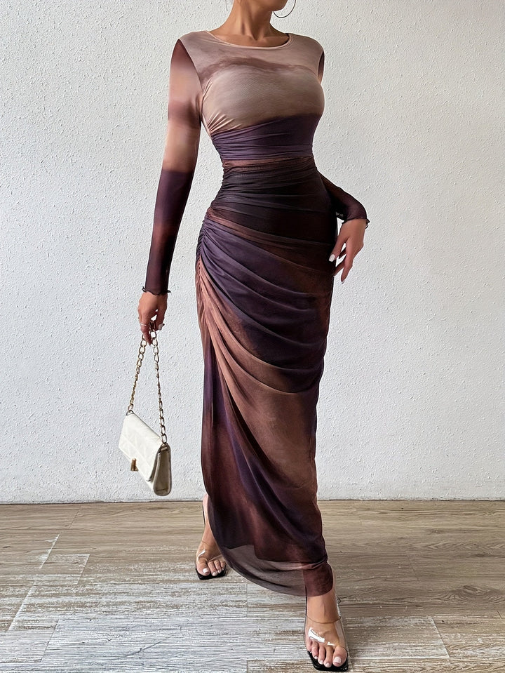 Levoire | Robe Maxi Froncée Et Ajustée Avec Motif Tie-Dye, Élégante Robe À Manches Longues Avec Encolure Ronde Pour Le Printemps Et L'Automne, Vêtements Femme