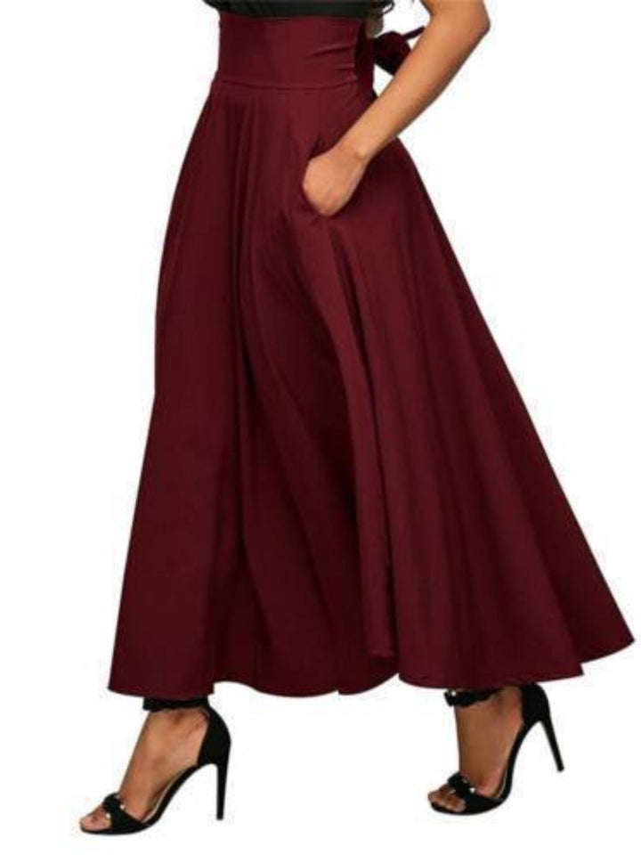 Levoire | Jupe Midi Plissée Taille Haute Femme A-Ligne, Avec Ceinture Et Fluide Avec Poches Bordeaux