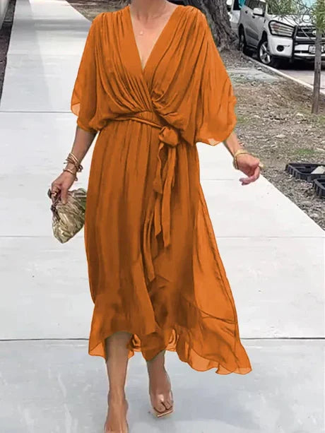 Levoire | Robe Mi-Longue En Chiffon Vert À Décolleté En V Orange