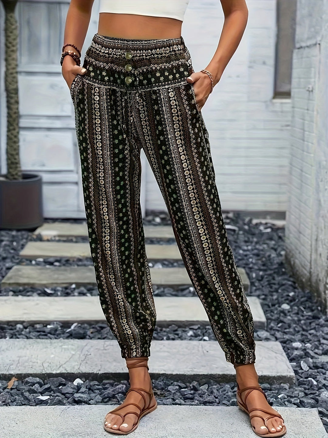 Levoire | Pantalon Imprimé Taille Haute Instant Boho Vibe Vert foncé