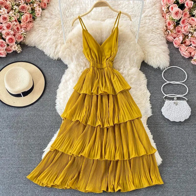 Levoire | Robe longue avec décolleté en V de style français Jaune Une taille