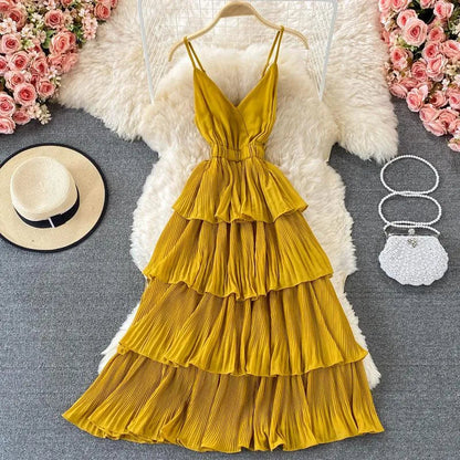 Levoire | Robe longue avec décolleté en V de style français Jaune Une taille