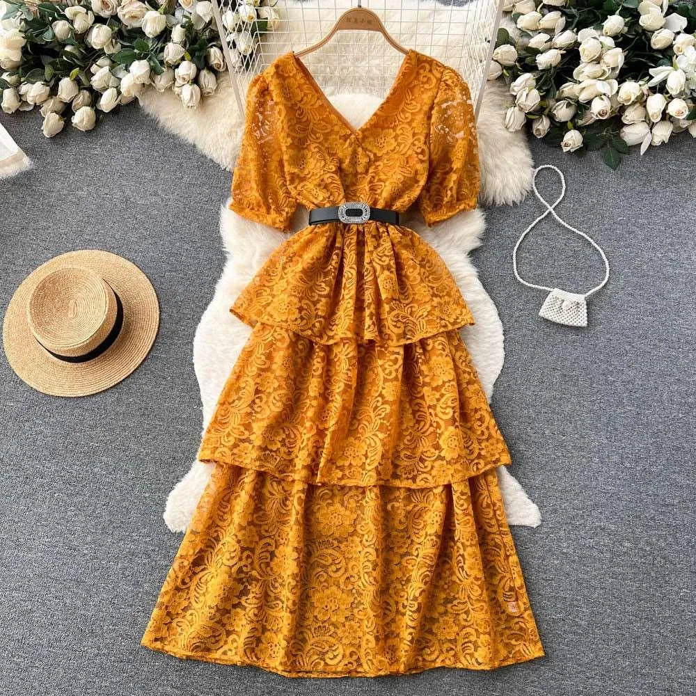 Levoire | Robe V couleur et cordon à la taille pour femmes Jaune Une taille