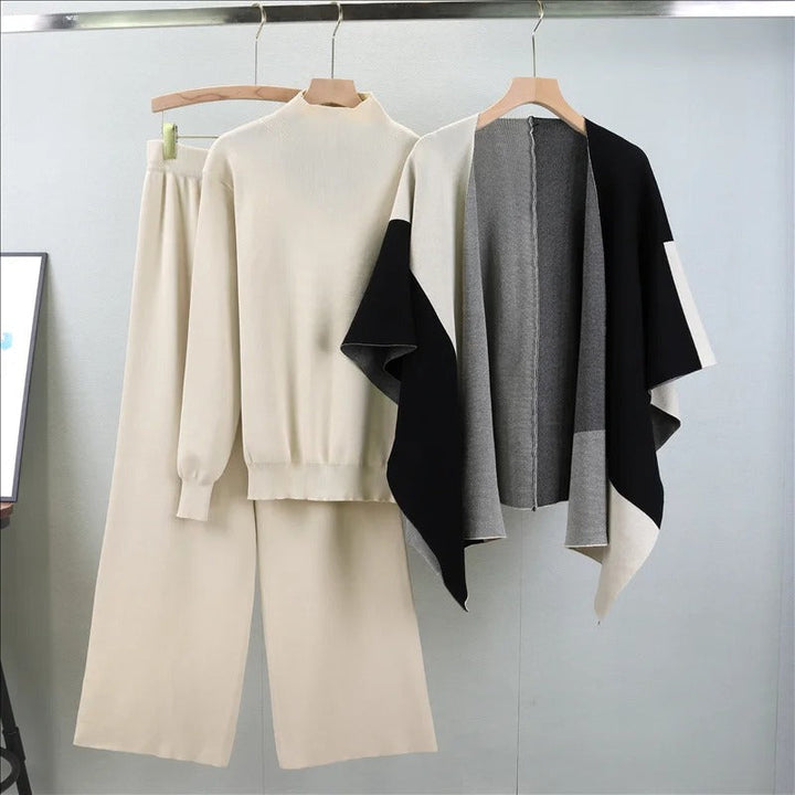 Levoire | Pull À Manches Longues, Châle Enveloppant Avec Pantalon Large, Ensemble Trois Pièces Beige Une taille convient à tous