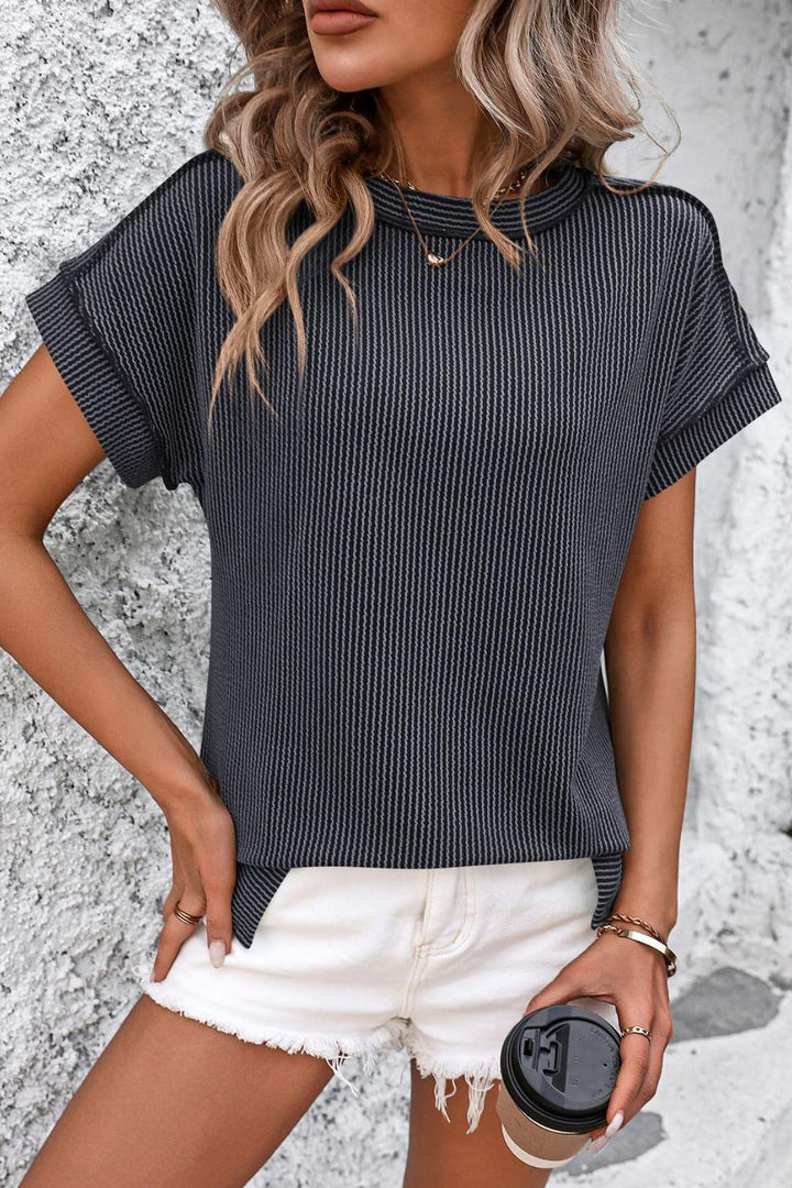 Levoire | T-Shirt Classique À Manches Courtes Rayé Avec Col Rond Gris foncé