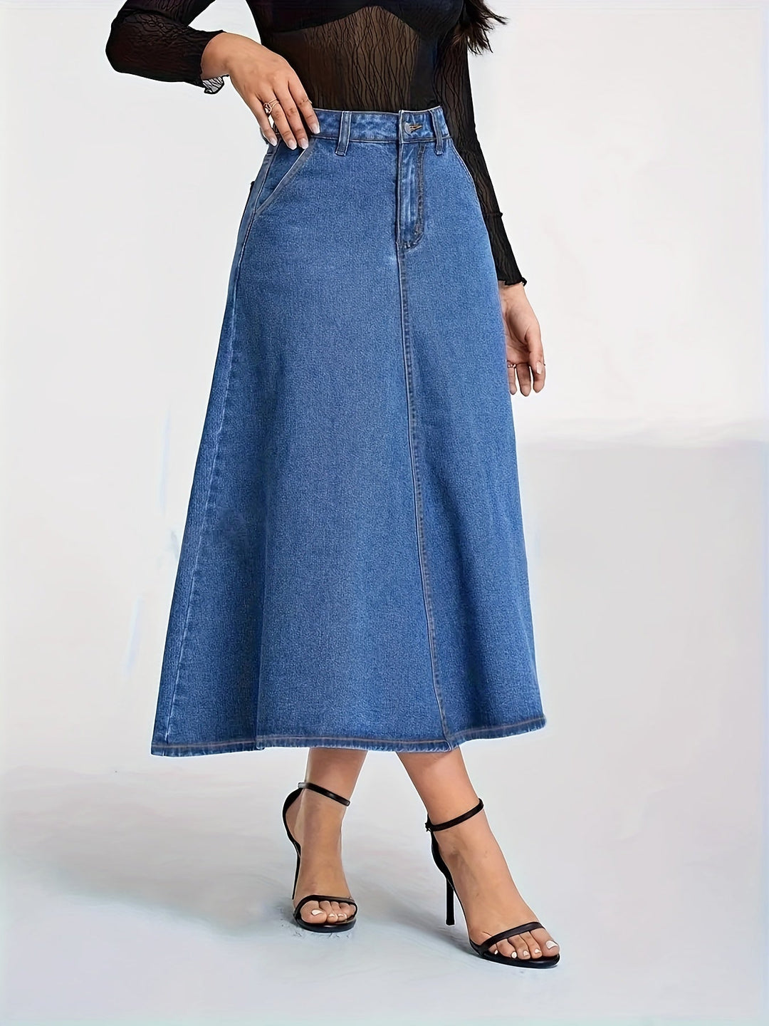 Levoire | Jupe Midi En Jean Haute Et Élastique Avec Poches