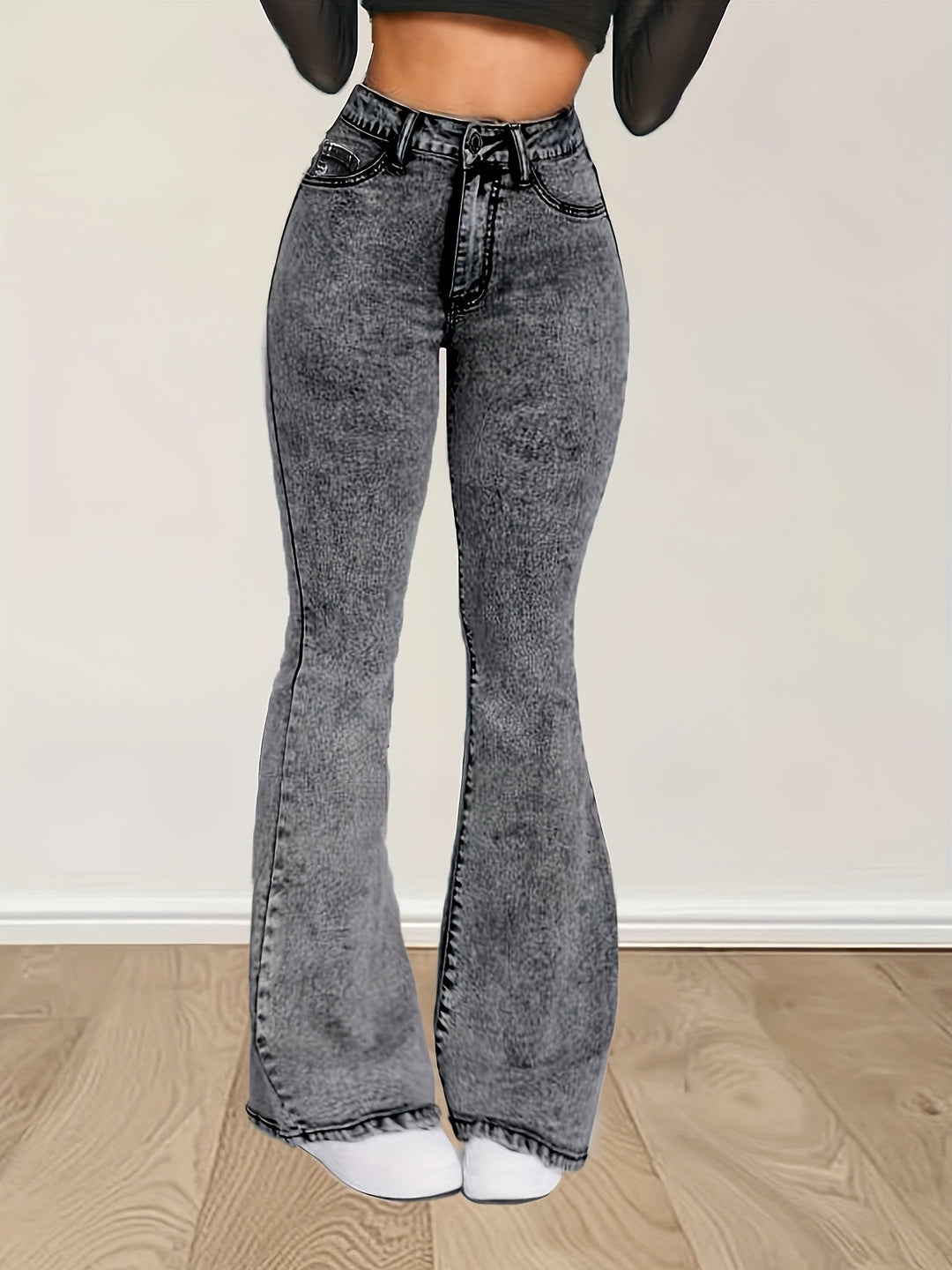 Levoire | Jean En Denim Stretch Gris Avec Taille Haute Et Boutons