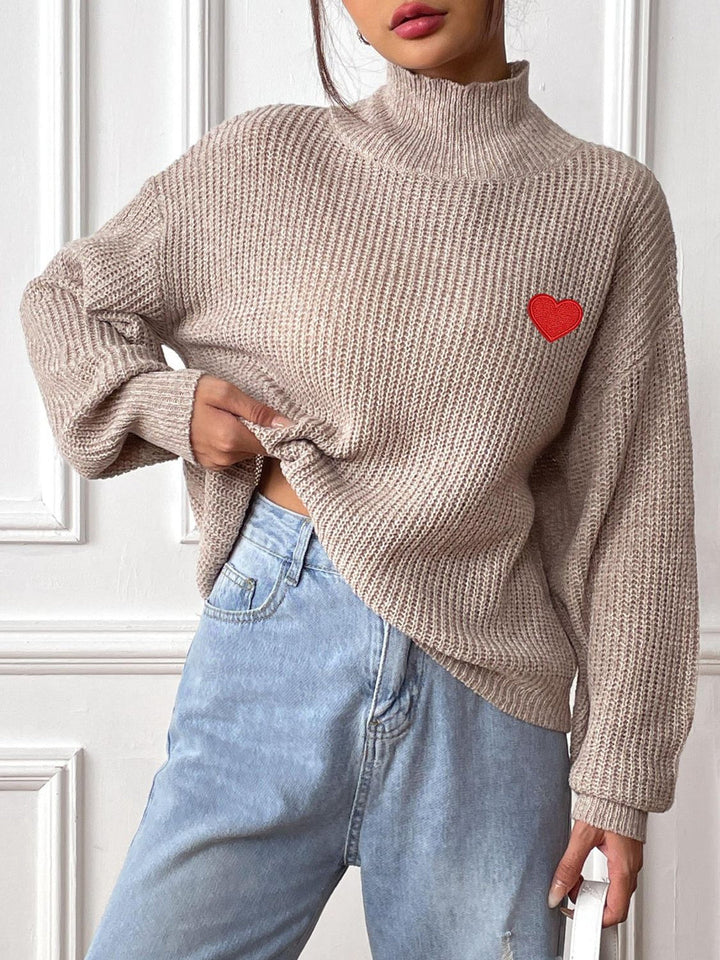 Levoire | Pull À Col Roulé Avec Épaules Tombantes Et Motif Cœur Kaki