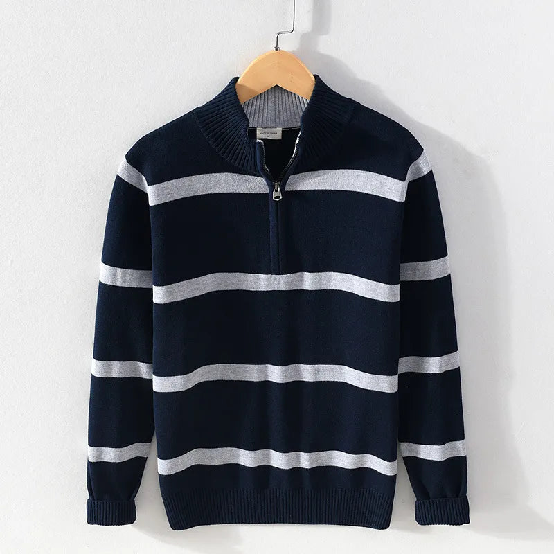 Levoire | Confortable Manches Longues Mi-Longue Zip Rayé Tricoté Merensininen
