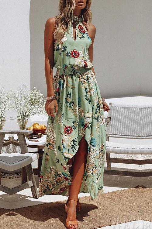 Levoire | Robe verte à col rond et imprimé floral