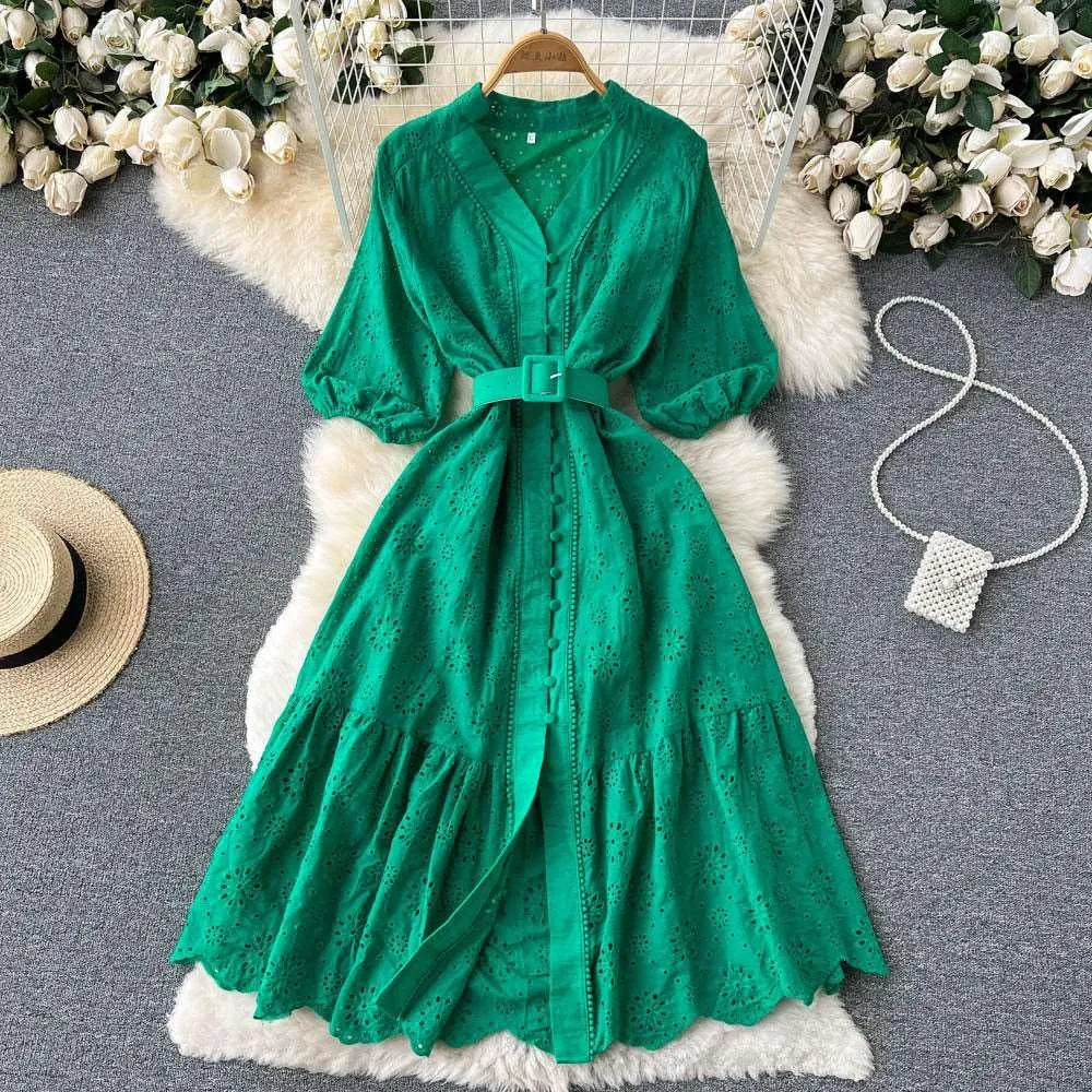 Levoire | Robe à col en V et manches bouffantes pour femmes Vert foncé