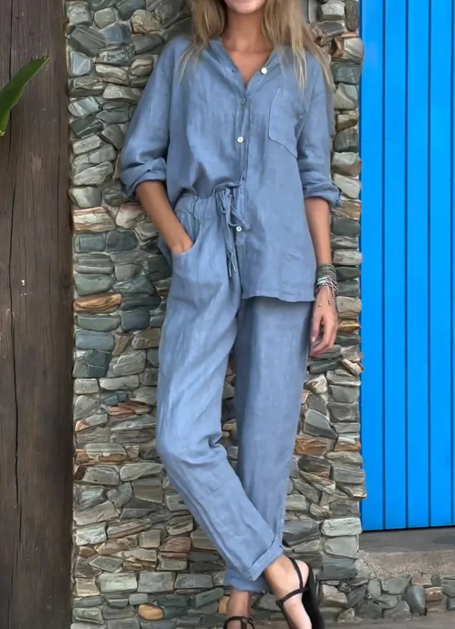 Levoire | T-Shirt Décontracté À Col En V & Ensemble Pantalon En Coton-Lin Bleu