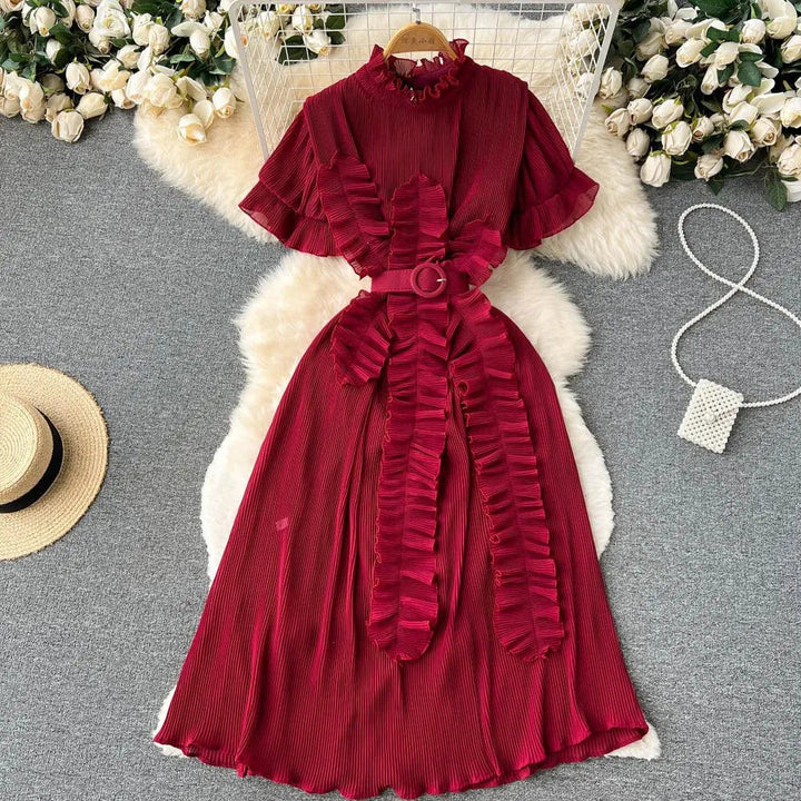 Levoire | Robe maxi à manches longues avec des volants plissés Rouge vin Taille libre