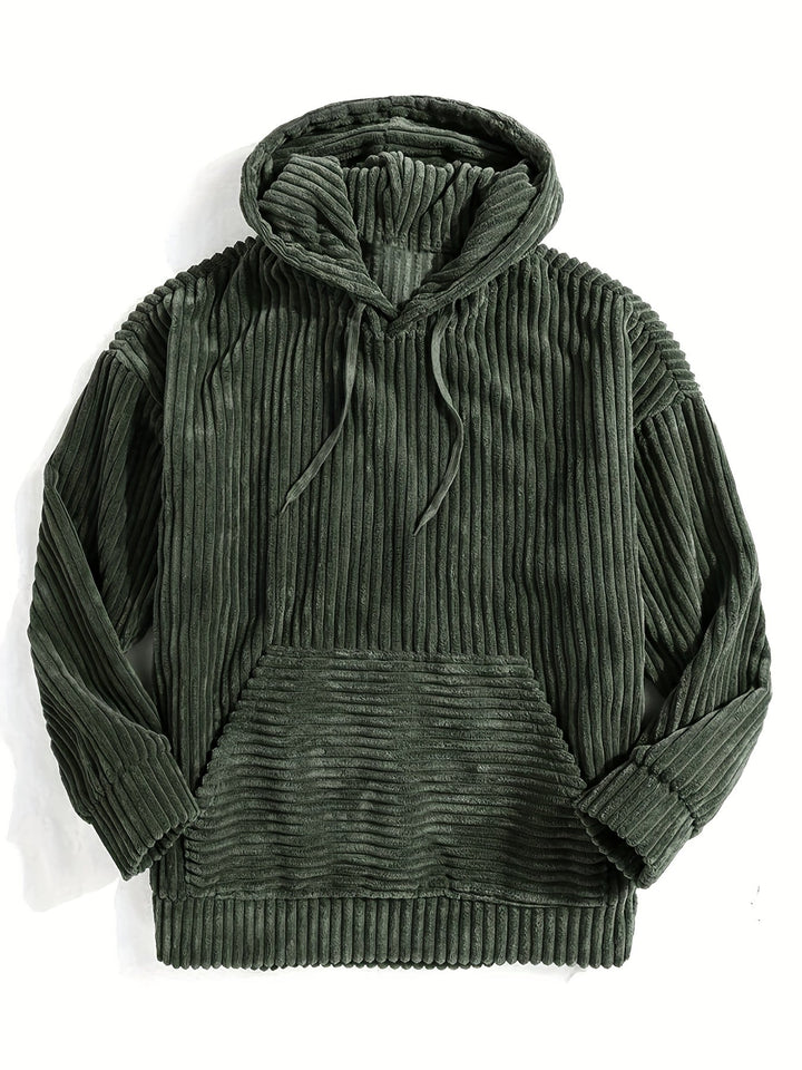 Levoire | Sweat À Capuche En Corduroy Vintage Pour Hommes Avec Col Haut Et Poche Kangourou Vert olive