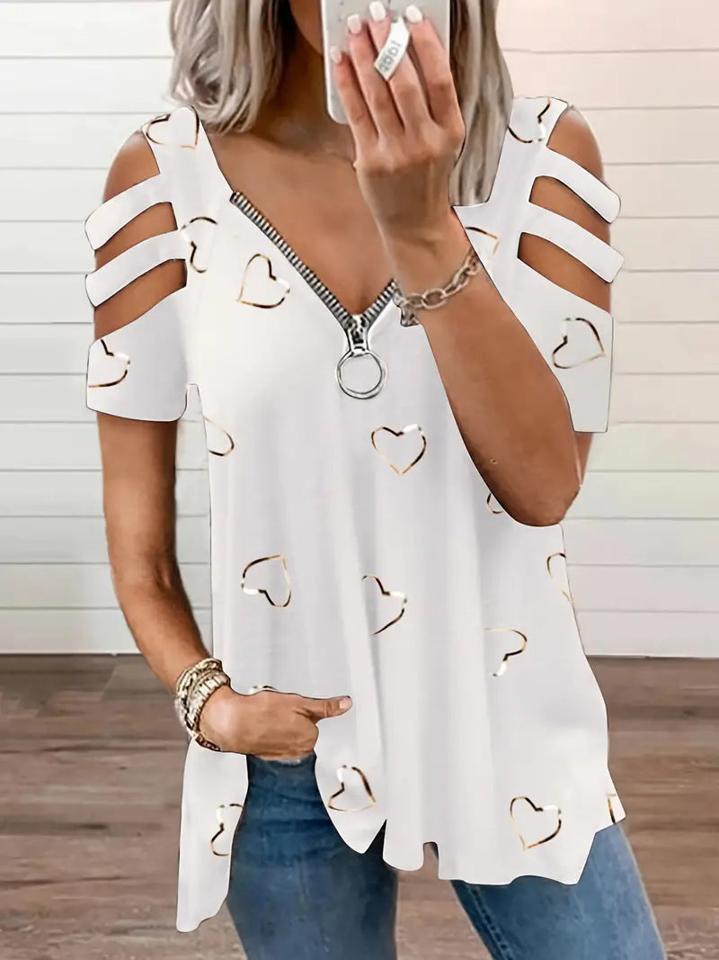 Levoire | T-Shirt Manches Courtes Motif Cœur Décolleté V Blanc