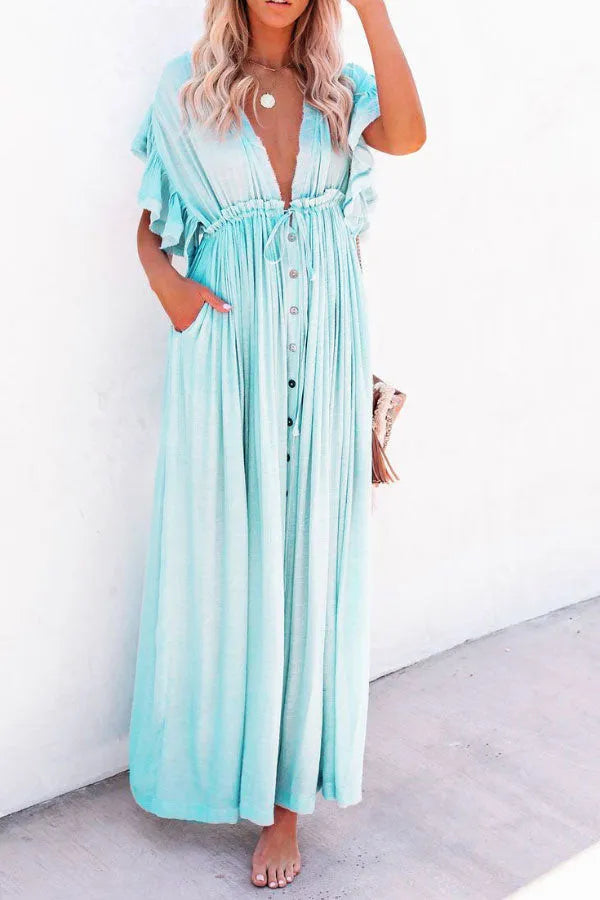 Levoire | Fairy Air Robe à encolure en V et à manches volantées Bleu nuit Taille unique