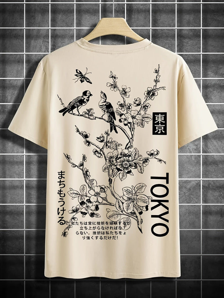 Levoire | T-Shirt Décontracté Pour Hommes Avec Motif Floral Et D'Oiseau