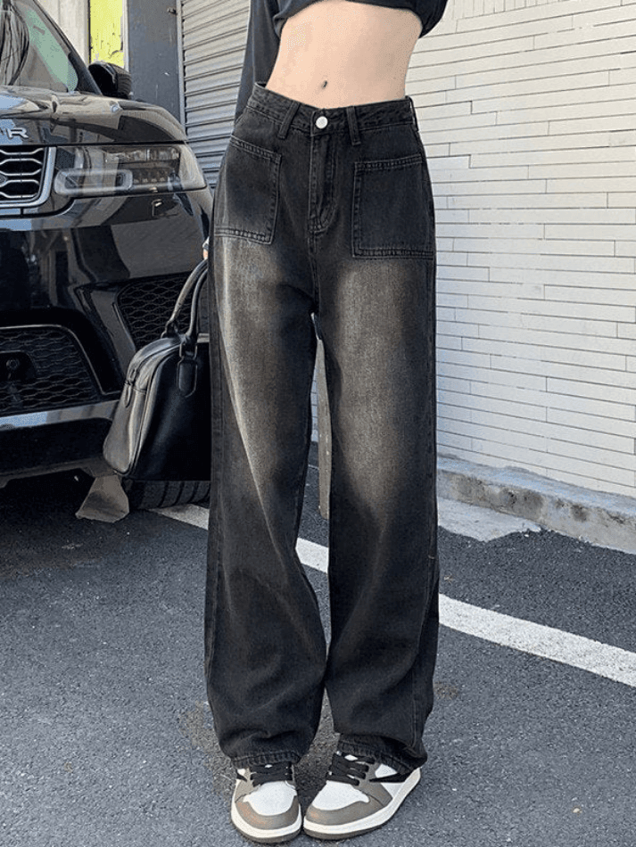 Levoire | Lavage Fané Vinyle Droit Cargo Jeans Noir