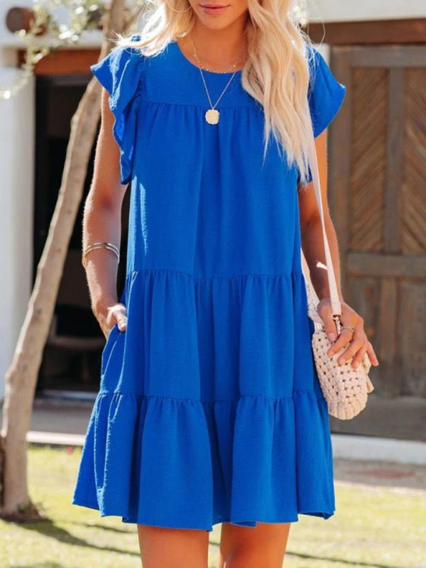 Levoire | Mode Plissé Ample Uni Manches Courtes Robe Bleu