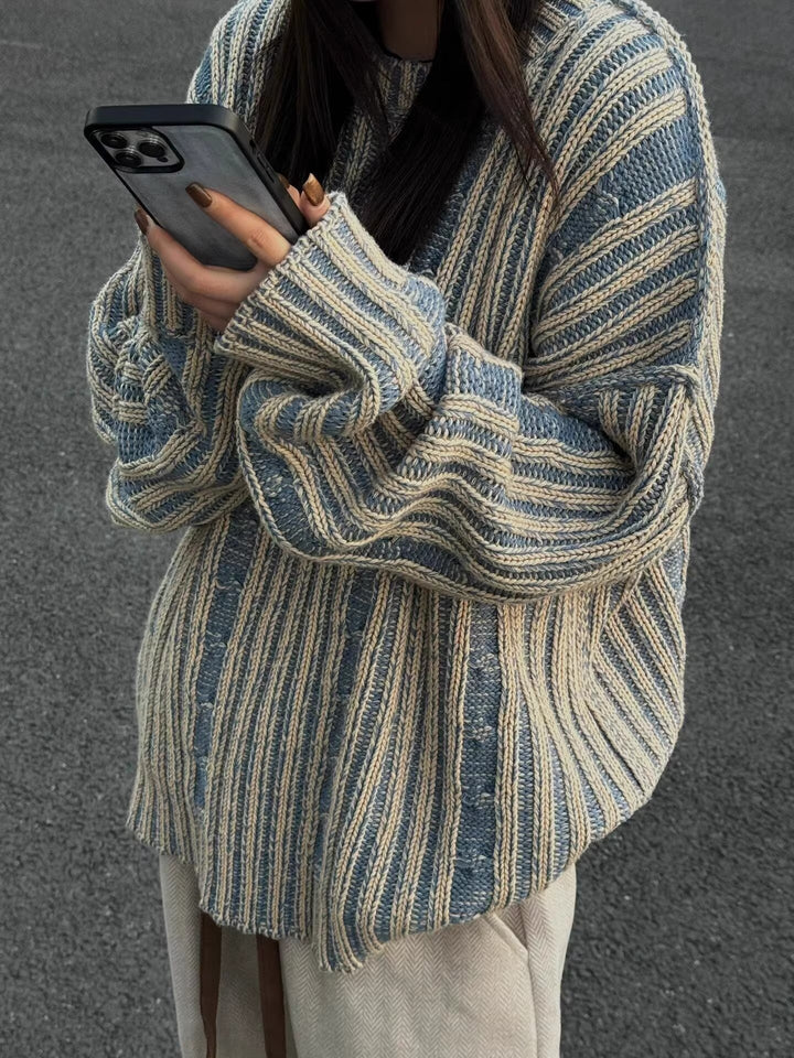 Levoire | Élégante Récolte De Vin Rayé Tricot Bleu