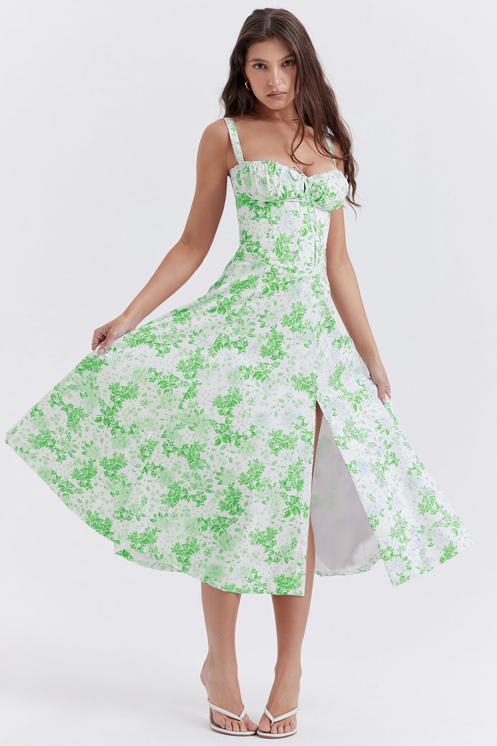 Levoire | Robe fleurie à bretelles pour femmes intemporelle Blanc vert clair