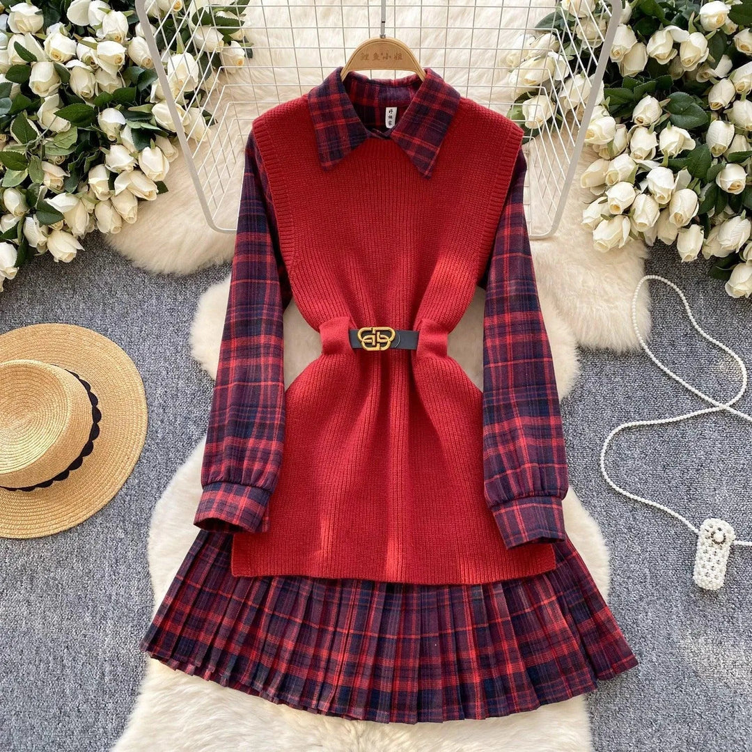 Levoire | Vintage Femmes Ensemble : Robe à Carreaux et Ceinture en Tricot Rot Taille libre