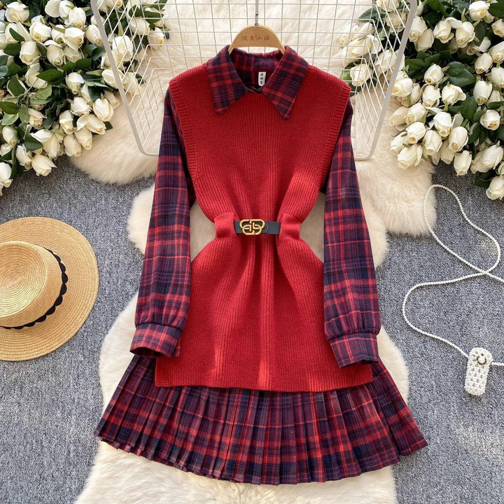 Levoire | Vintage Femmes Ensemble : Robe à Carreaux et Ceinture en Tricot Rot Taille libre