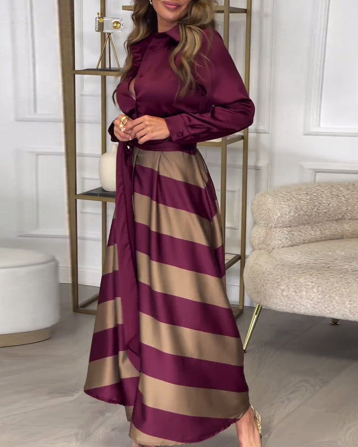 Levoire | Robe Élégante À Rayures Imprimées Avec Revers Et Ceinture
