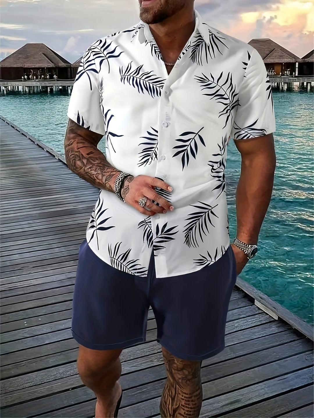 Levoire | Motifs Tropicaux Hommes Ensemble Violet foncé