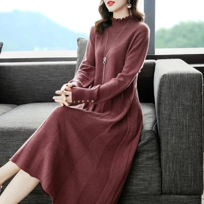 Levoire | Élégant Robe Tricot Midi Bordeaux Une taille