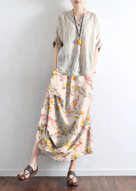 Levoire | Jupe En Lin Rouge Limitée Design Asymétrique Taille Élastique Jupe Longue fleur jaune