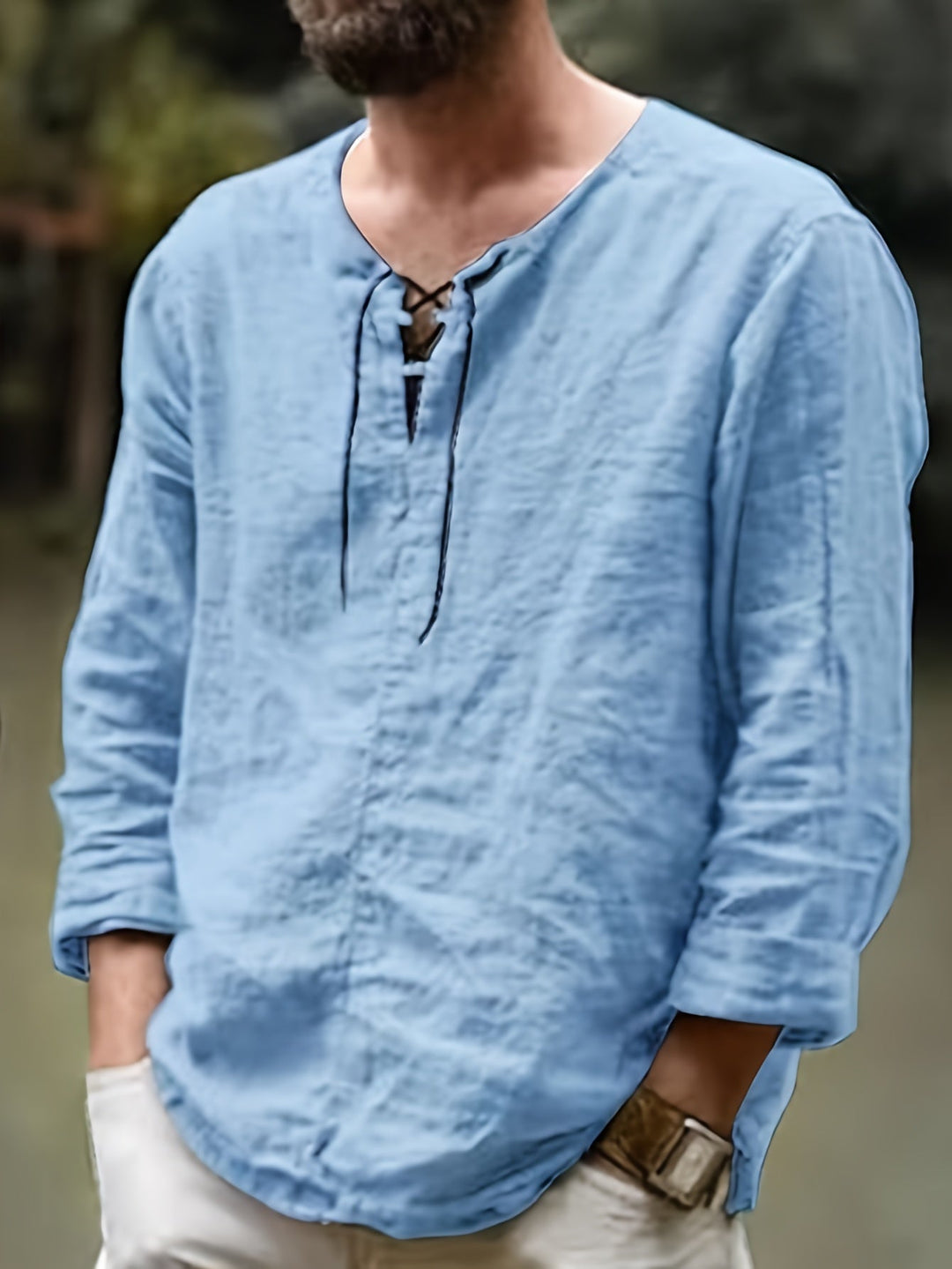 Levoire | T-Shirt Henley À Manches Longues En Mélange Coton-Lin Printemps/Automne Ciel bleu