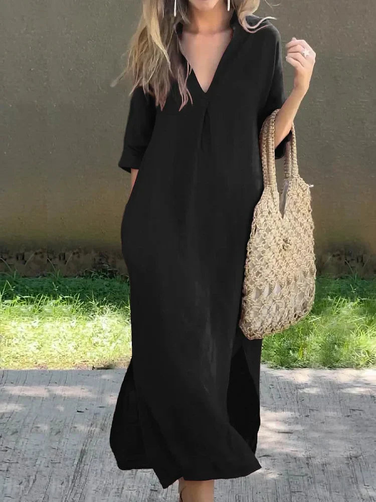 Levoire | Robe en lin à col en V de couleur unie pour femme, avec poche et col en V Noir