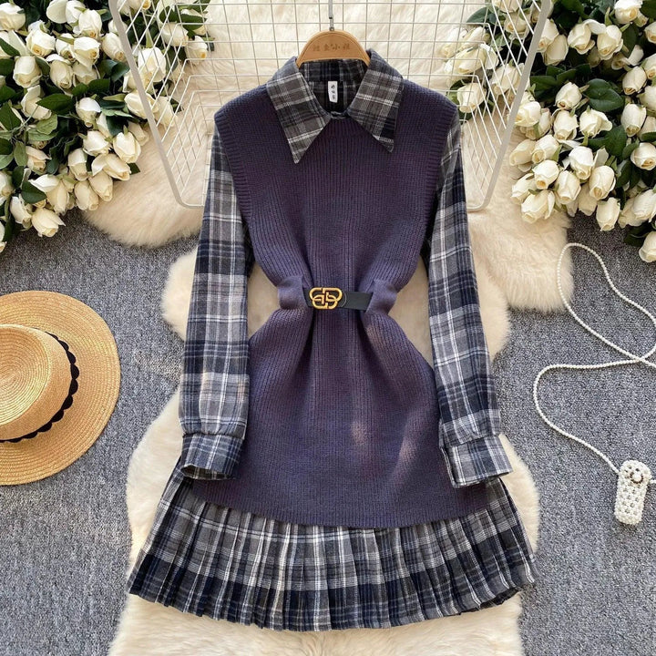 Levoire | Vintage Femmes Ensemble : Robe à Carreaux et Ceinture en Tricot Gris Taille libre