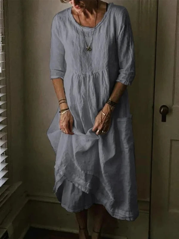 Levoire | Robe à col ras du cou à manches 3/4 en lin mélangé Gris