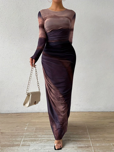 Levoire | Robe Avec Motif Batik Et Encolure Ronde, Élégante Robe Maxi Ajustée Avec Manches Longues Pour Le Printemps Et L'Automne, Vêtements Pour Femmes
