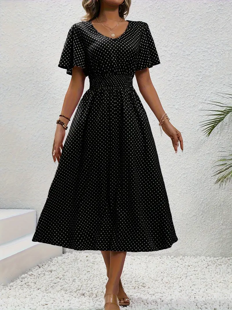 Levoire | Robe Taille Froncée Imprimée sur Toute la Surface, Robe Décontractée à Manches Courtes Noir