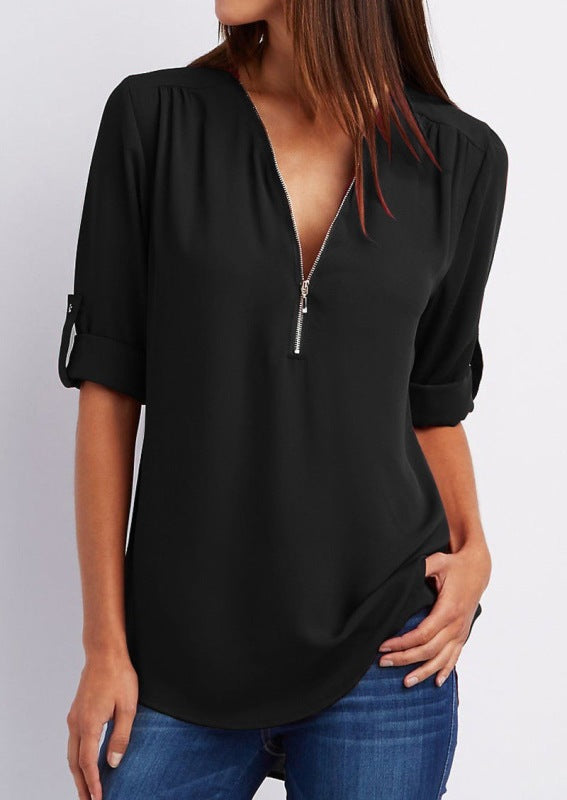Levoire | V-ouvert zip grande taille pour femmes à manches longues tricot ample pendule chemise chiffon Must