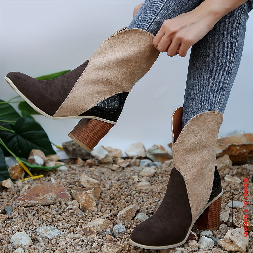Levoire | Bottes Pour Femmes Brodées, Bout De Chaussure Carré, Talon Épais, Style Cowboy Facile À Enfiler En Velours Et En Denim