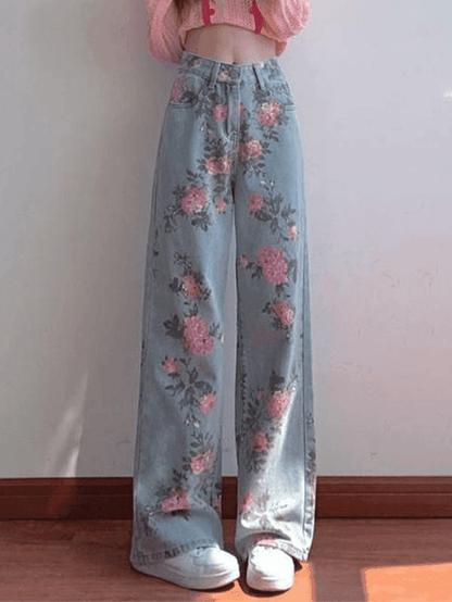 Levoire | Jean Boyfriend Taille Haute Blumen Bleu