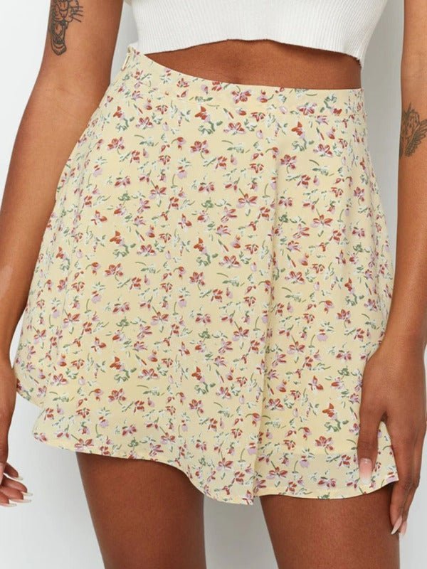 Levoire | Jupe florale taille haute jupe parasol fermeture éclair invisible jupe en chiffon imprimée pour femmes Jaune