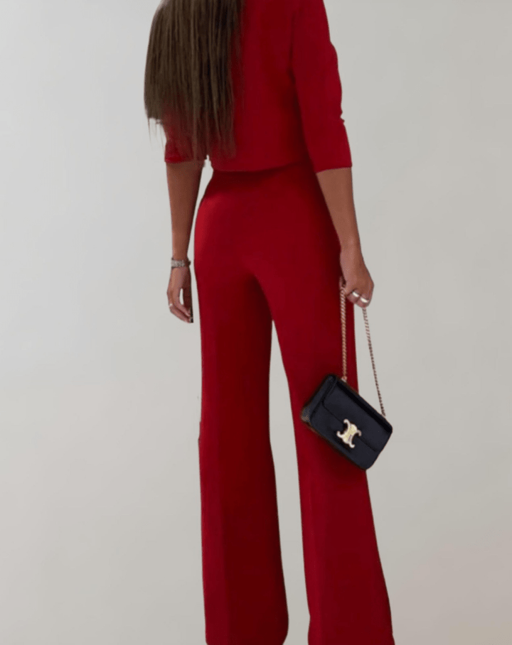 Levoire | Ensemble femme deux pièces pantalon à jambes larges & haut à encolure en O avec manches 3/4