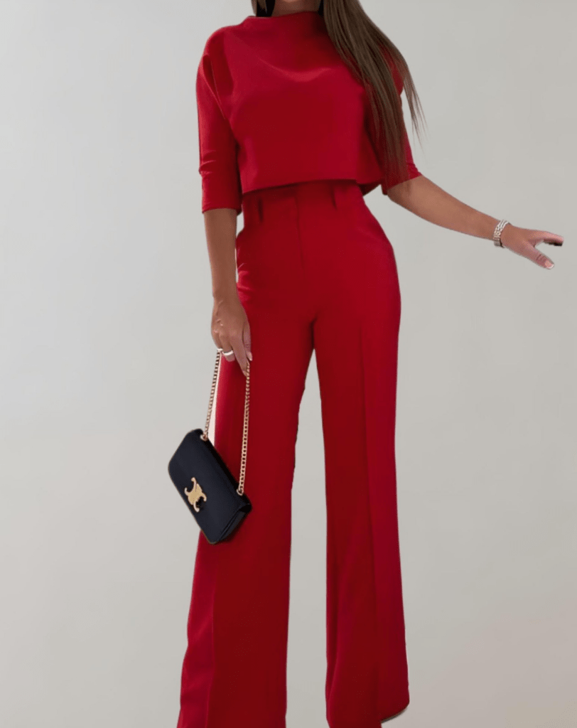 Levoire | Ensemble femme deux pièces pantalon à jambes larges & haut à encolure en O avec manches 3/4