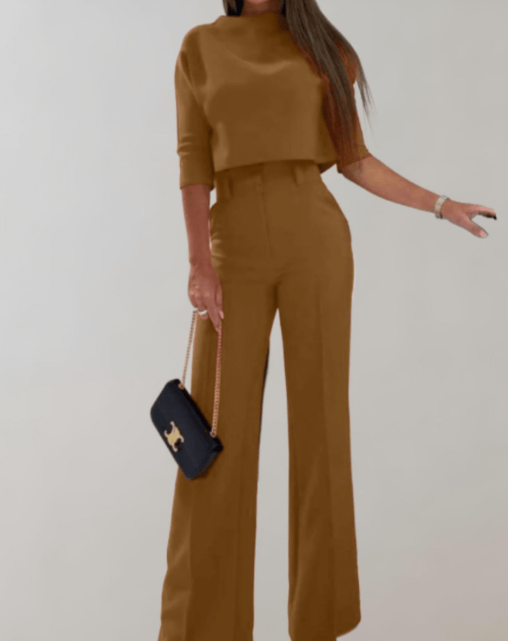 Levoire | Ensemble femme deux pièces pantalon à jambes larges & haut à encolure en O avec manches 3/4 Braun