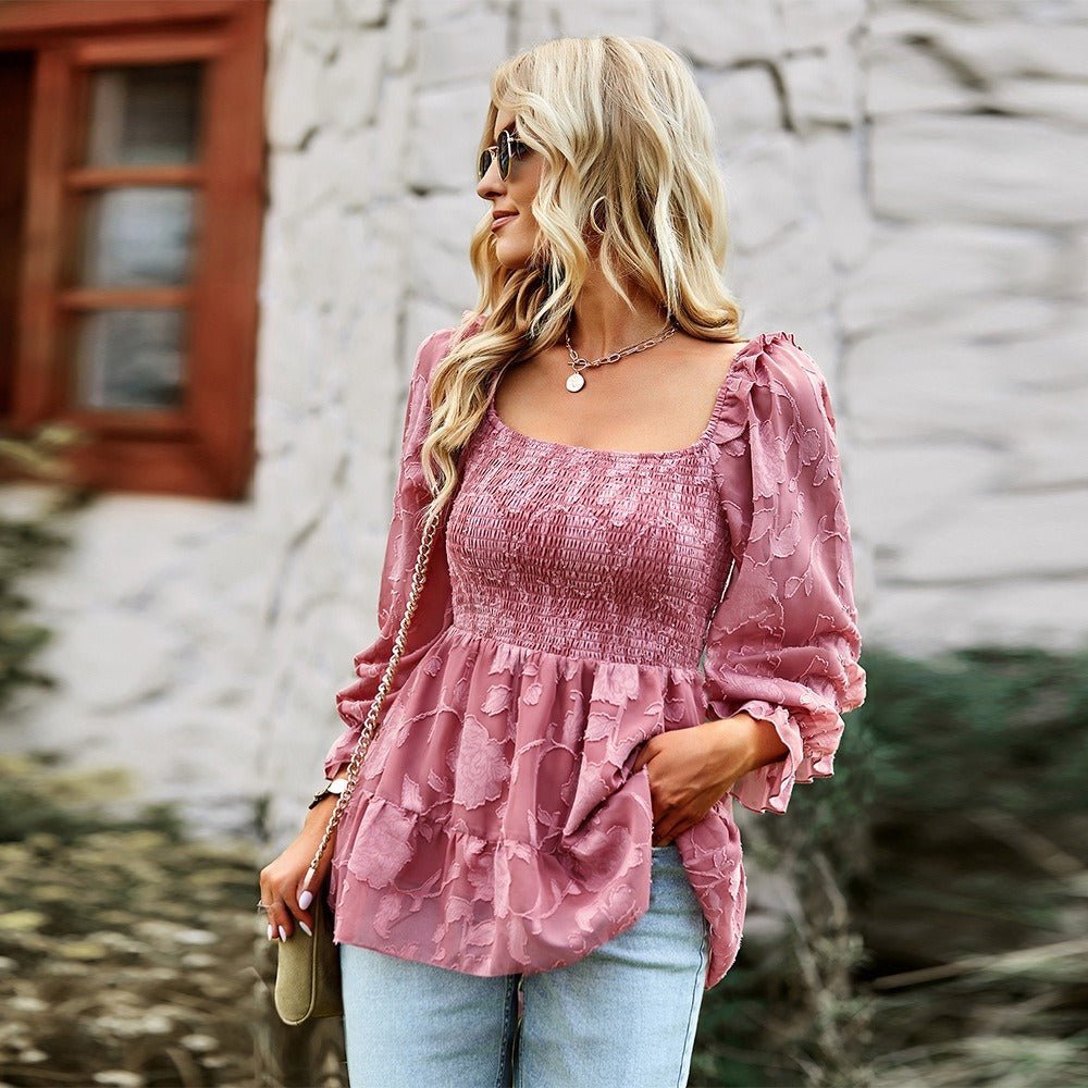 Levoire | Haut long à col carré français 2022 Printemps et automne haut polyvalent chemise femme Poudre de rose