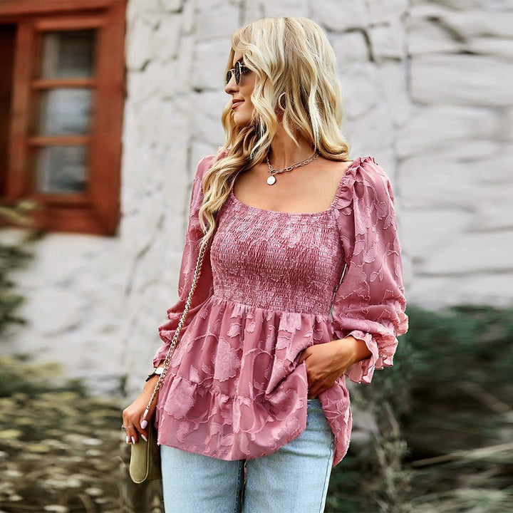 Levoire | Haut long à col carré français 2022 Printemps et automne haut polyvalent chemise femme Poudre de rose
